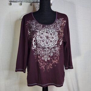 Zenergy Mauve Silver Foil Rhinestone Beaded 3/4 Sleeve Cotton Top Chico 3 US XL